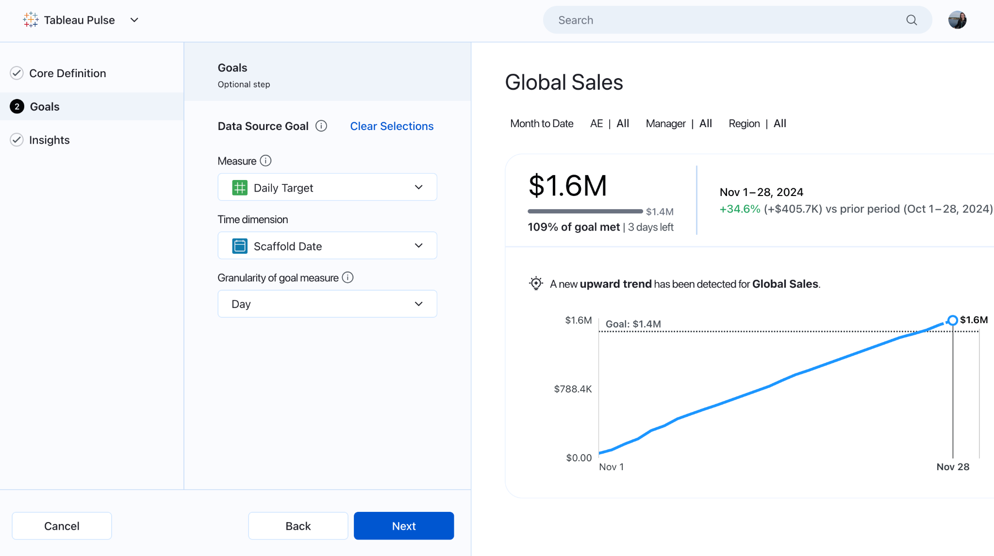 White menu screen with a blue line chart on the right and a Data Source goals menu on the left. There are dropdown options for measures, time dimension, and granularity.